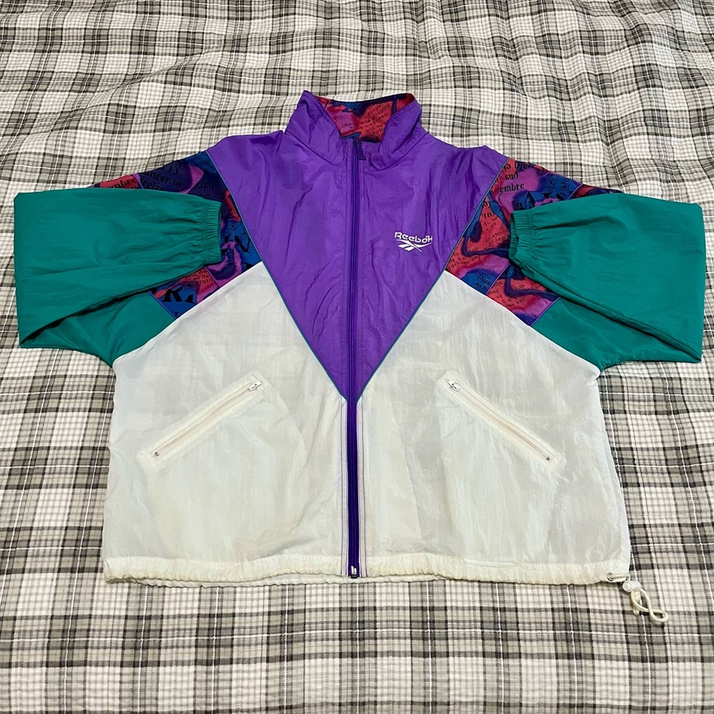Reebok Purple & Green Windbreaker Zip Jacket Retro Vintage Size Large